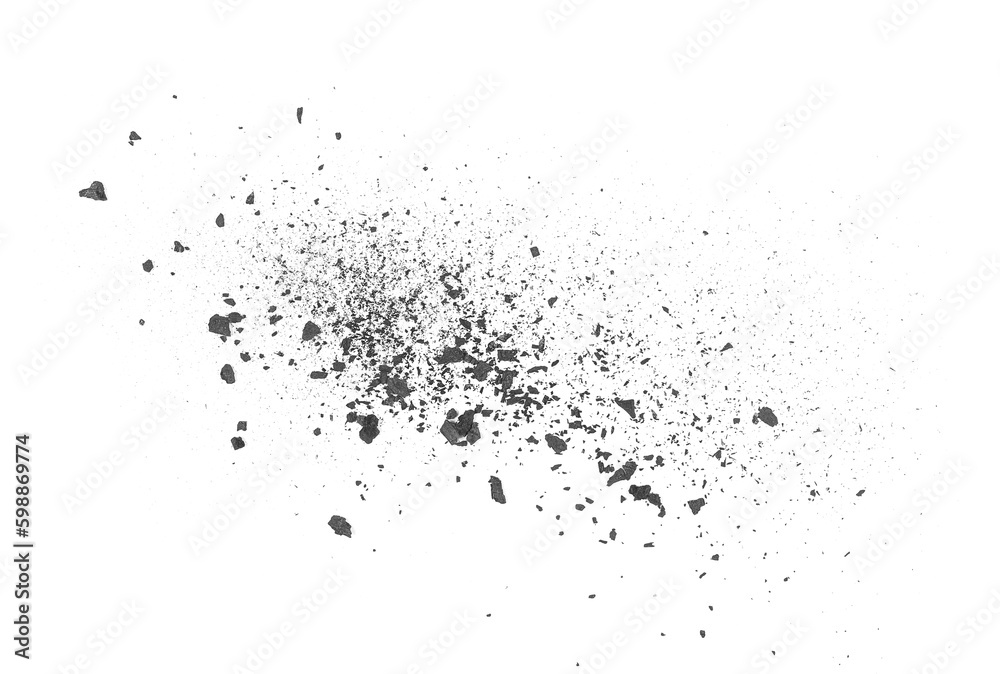 Black coal dust with effect fragments explosion isolated on white background and texture, clipping path