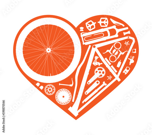 Vector heart formed by the individual parts of the bicycle. Isolated on white background.