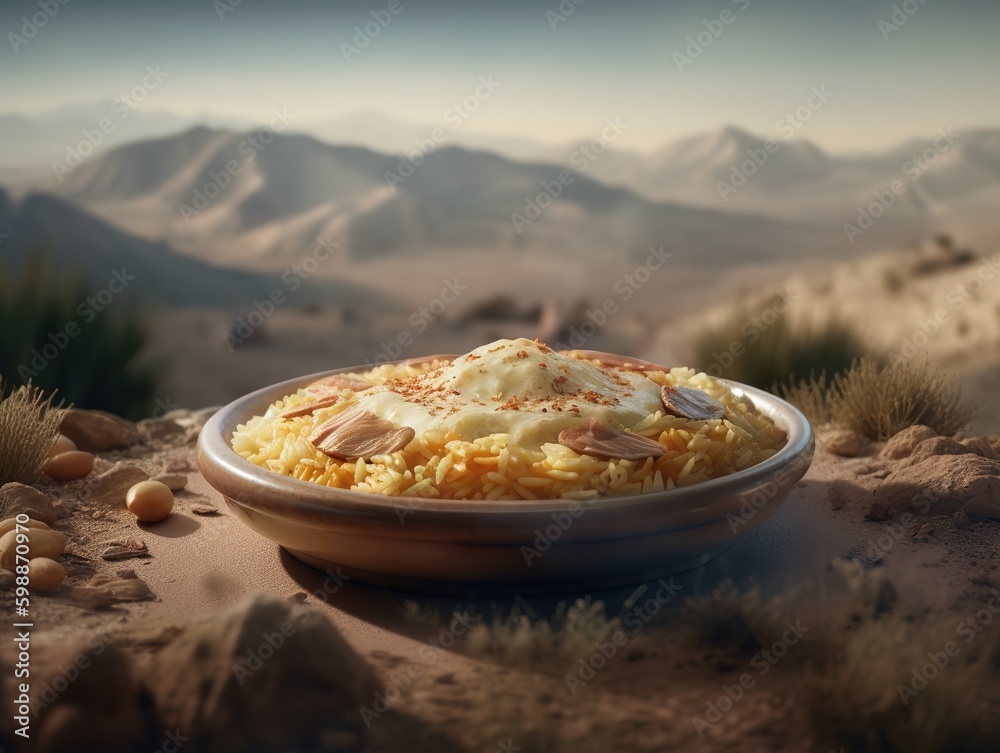 Jordanian mansaf dish, Mansaf a feast dish of lamb in yogurt sauce atop flatbread and a bed of