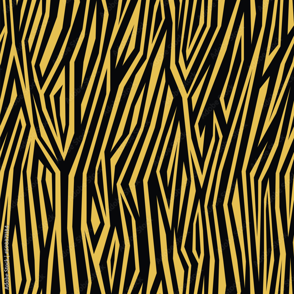 Seamless abstract striped pattern in camouflage style. Yellow stripes on black background. Modern zebra motif. Decorative vector illustration for textile, packaging, and artistic projects.
