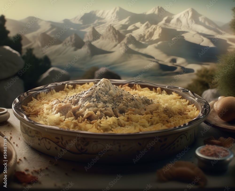 Jordanian mansaf dish, Mansaf a feast dish of lamb in yogurt sauce atop flatbread and a bed of