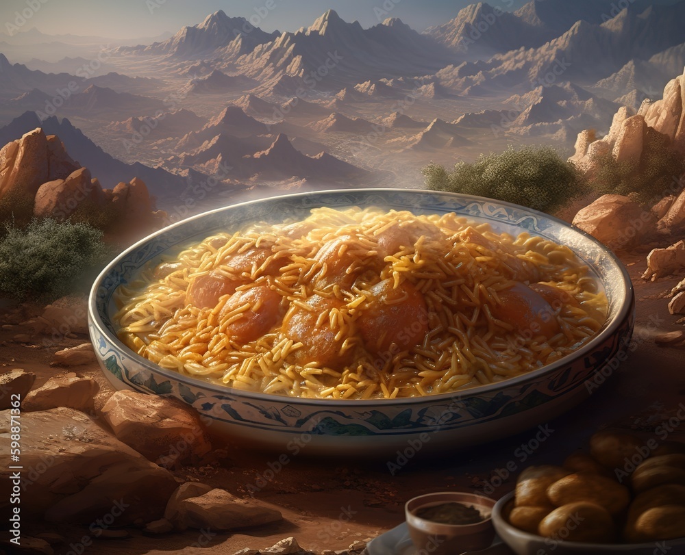 Jordanian mansaf dish, Mansaf a feast dish of lamb in yogurt sauce atop flatbread and a bed of