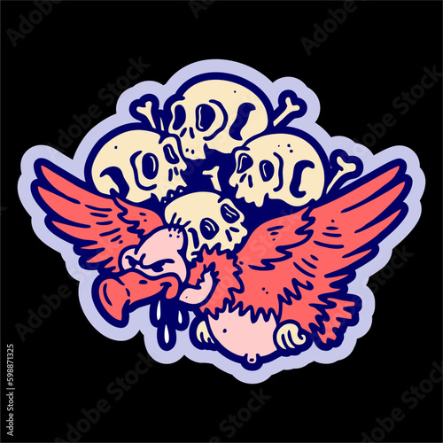 illustration vector of vultures bird and many skulls head bones