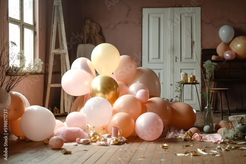 Interior of living room decorated balloons, confetti. Celebration space with place for text. background for holidays, birthday party. Generative Ai.
