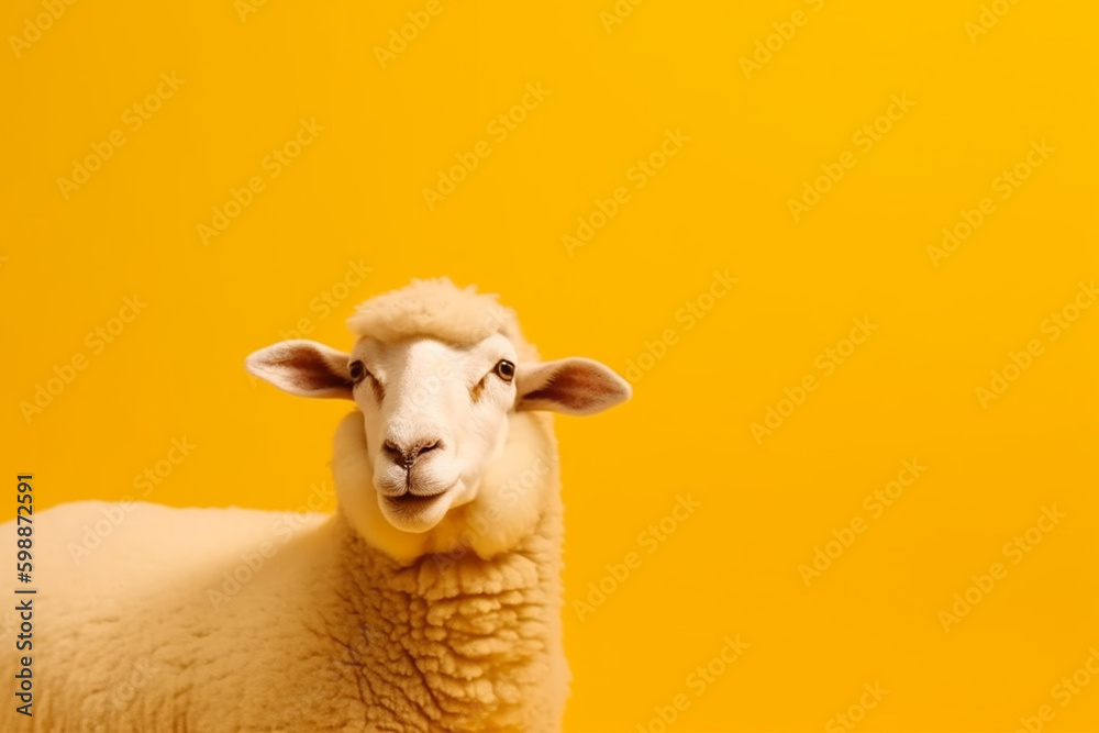 Fototapeta premium A potrait of cute animal sheep with large empty background. generative ai