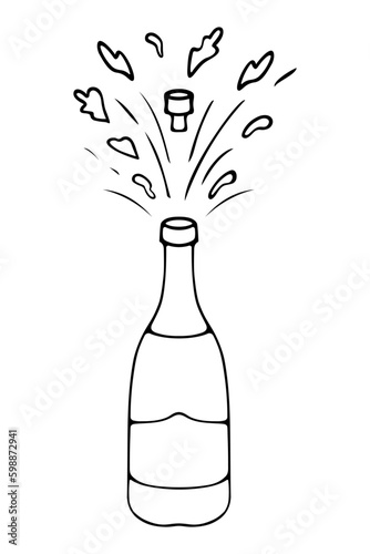The cork flew out of the champagne bottle. Sprays fly in different directions. Doodle style.