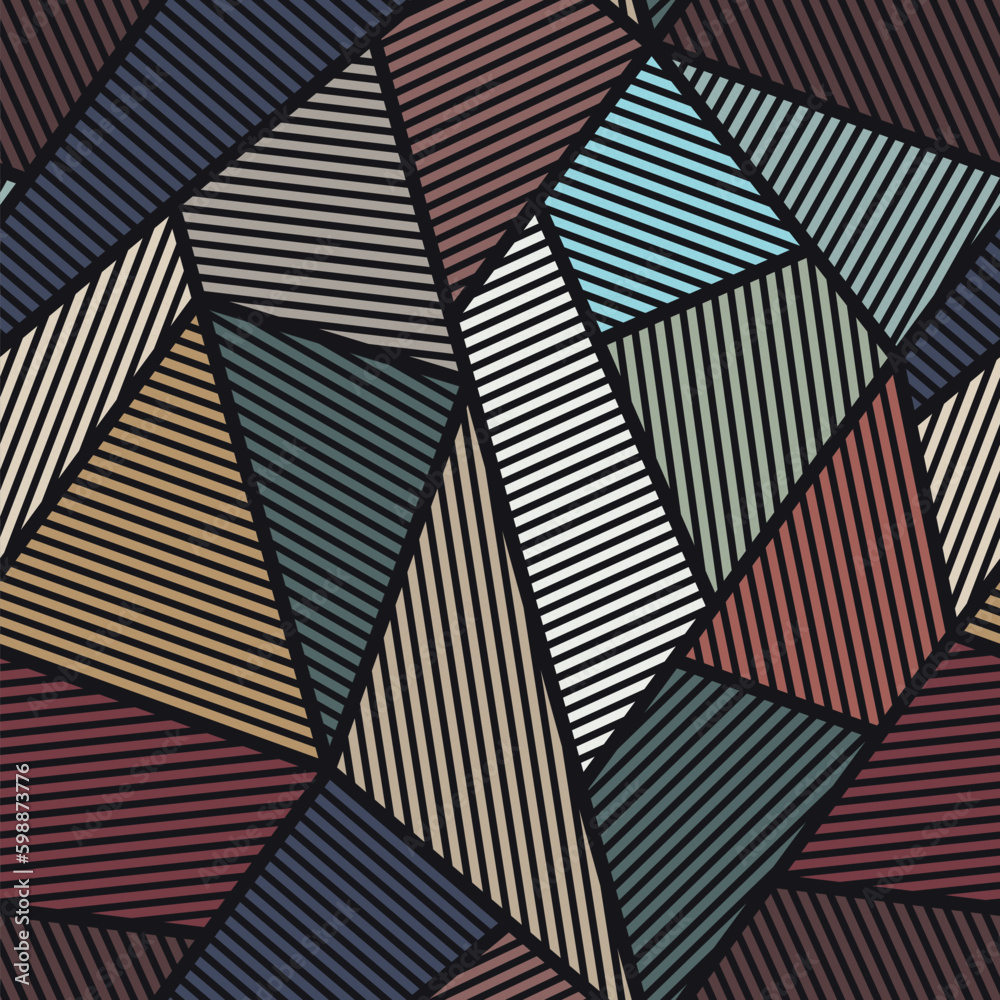Seamless repeating pattern with striped multicolor triangles on a black background. Patchwork style. Geometric elements in blue, yellow, and green.  Vector image for textile, wrapping, print,  and web