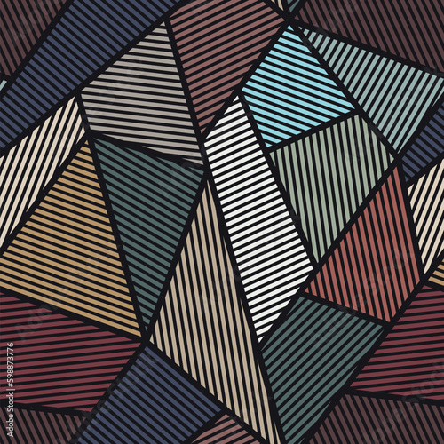 Seamless repeating pattern with striped multicolor triangles on a black background. Patchwork style. Geometric elements in blue, yellow, and green. Vector image for textile, wrapping, print, and web