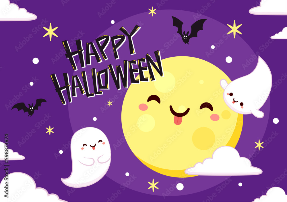 Naklejka premium Cute Yellow moon and Ghost. Halloween Vector illustration Isolated over Purple background. Spooky cartoon vector.
