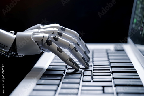 Close up of a robotic artificial intelligence hand typing on a computer. Generative ai Generative AI