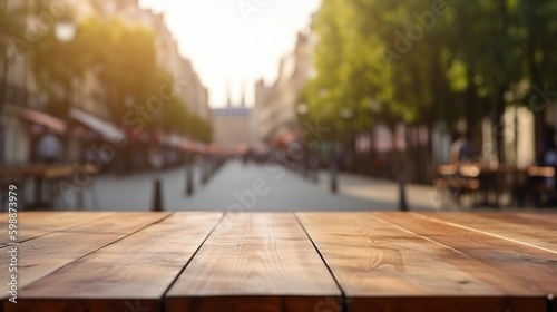 Wood table mockup with Paris city street in shallow depth of field. Copy space for product. Generative AI