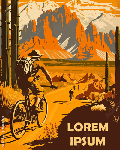 Vintage poster with travelers cycling through the valley against the backdrop of high mountains.