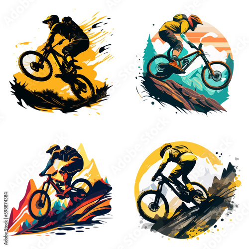Several mountain bikers on the background of the mountains. For your logo or sticker design. photo