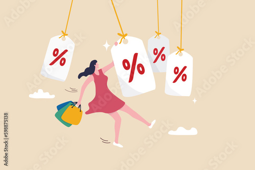 Sale or discount price tag, marketing promotion or price cut, retails shop or advertising, commercial, customer purchase concept, young woman customer with shopping bags hold discount price tag.