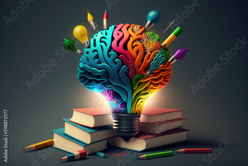 Concept of education and success. Online education, new idea. Collage with a brain, gears, book. Generative Ai technology.	