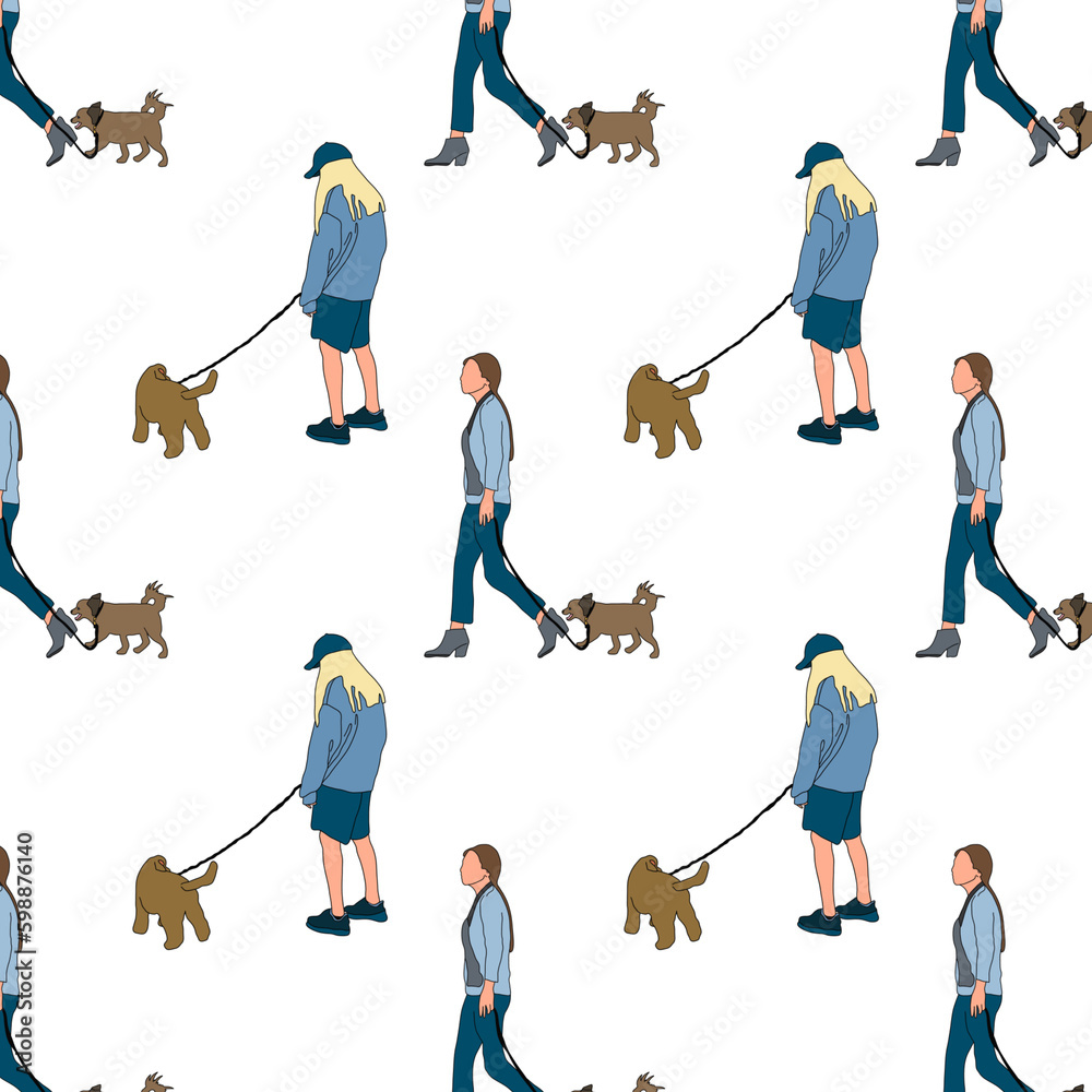 Woman character with dog pattern. Flat illustration. Pets, domestic animals border, website design or landing page