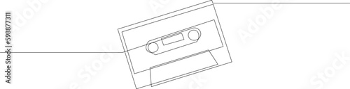Continuous line drawing of retro compact tape cassette. Vintage music icon audio cassette tape in doodle style. Vector illustration.