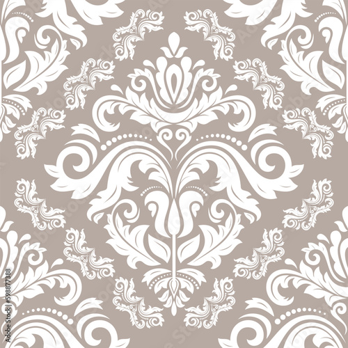 Classic seamless vector pattern. Damask orient beige and white ornament. Classic vintage background. Orient pattern for fabric, wallpapers and packaging