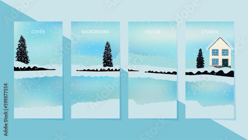 Set of templates for stories,social media banners mock up. House with fir trees on a lake covered with snow. Beautiful winter scene with frozen water and snowdrifts.