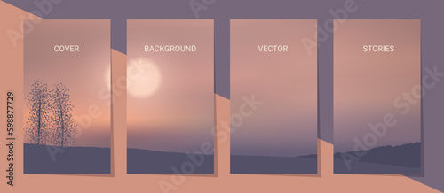 Set of templates for stories,social media banners mock up. Beautiful pink winter sunset over snowy hills and trees.