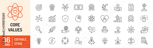 Core Values icon set. Success, quality, innovative, client, business, leadership, responsibility and many more… Editable stroke icons. Vector Illustration.
