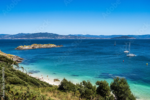 Beach Praia de Nosa Senora in Cies Islands, white sand and clear turquoise water, Galicia, Spain