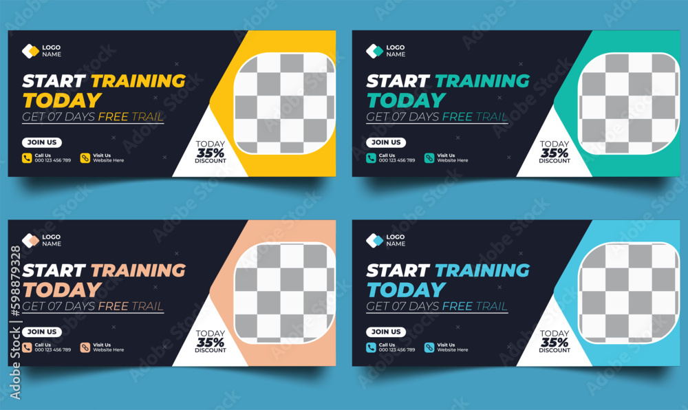 gym and fitness training cover page web banner ad template. Social media post design template. gym and fitness training cover page web banner ad template. Social media post design template.
