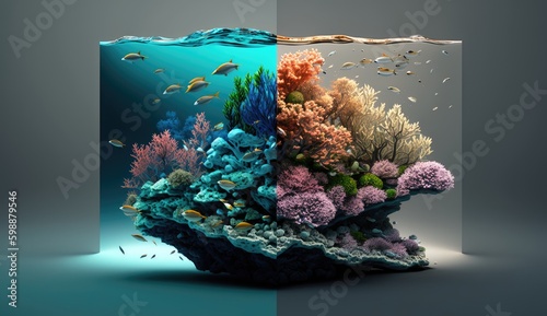 Fototapeta Naklejka Na Ścianę i Meble -  Result of human ecological activity. Colorful coral reef underwater with fish, before and after water pollution. Ai generation. Concept of ecological disaster and Global warming