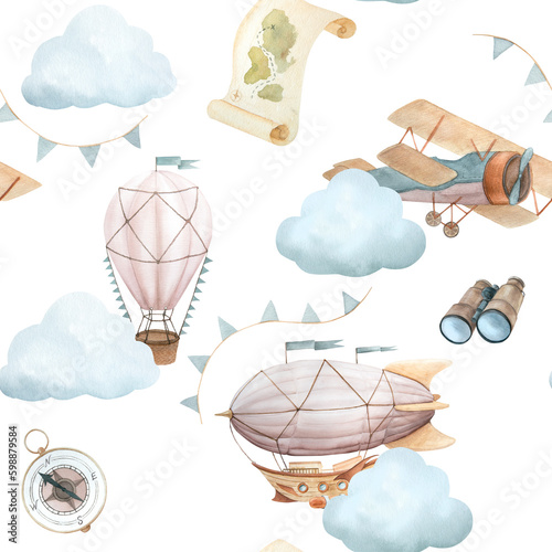 Wallpaper Mural Watercolor seamless pattern with vintage cute fairy tale cartoon clouds, retro plane, hot air baloon, aerostat and blue flags, binoculars, compass, map, and yellow stars on white background Torontodigital.ca
