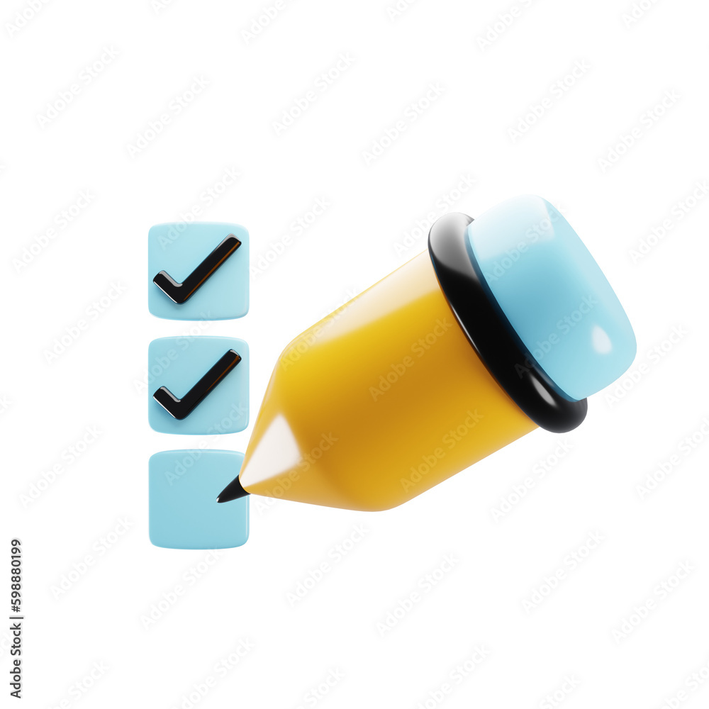 3d rendering checklist icon with yellow pencil. Business management concept icon. 3d illustration 3d rendering checklist icon with yellow pencil. Business management concept icon. 3d illustration