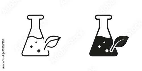 Glass Flask With Leaf Silhouette And Line Icon Set. Science Chemistry Nature Research Experimental Black Logo. Biotechnology Laboratory Sign. Paraben Free Symbol. Isolated Vector Generative AI