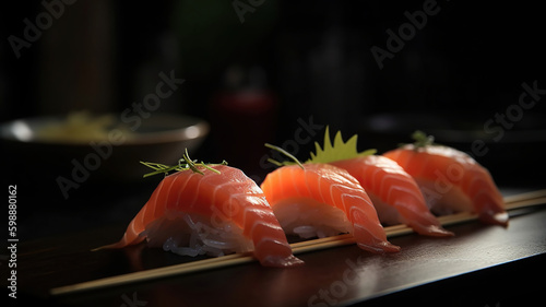 close up of sashimi sushi set with chopsticks and soy. Generative Ai