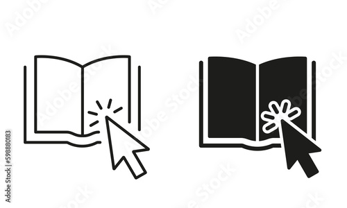 Online Library Application Silhouette and Line Icon Set. Mouse Pointer with Open E-book. Electronic Book for Education and Learning. Choice and Download Online Book. Isolated Vector Generative AI