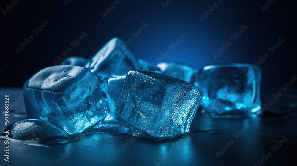 wet ice cubes on blue background. Generative Ai wet ice cubes on blue background. Generative Ai