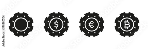 Money Chip, Casino Currency Silhouette Black Icon Set. Gamble, Poker Betting Sign. Fortune Game Gambling Bet Symbol Collection. Dollar, Euro, Bitcoin Pictogram. Isolated Vector Generative AI