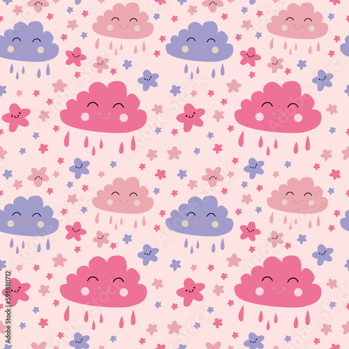 Cute colorful cloud smiling face seamless pattern