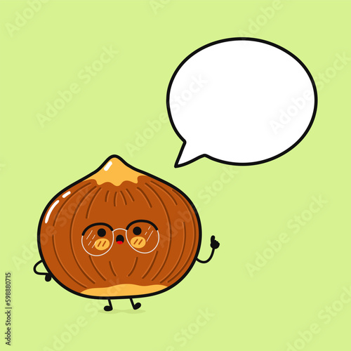 Cute funny hazelnut with speech bubble. Vector hand drawn cartoon kawaii character illustration icon. Isolated on green background. Hazelnut character concept