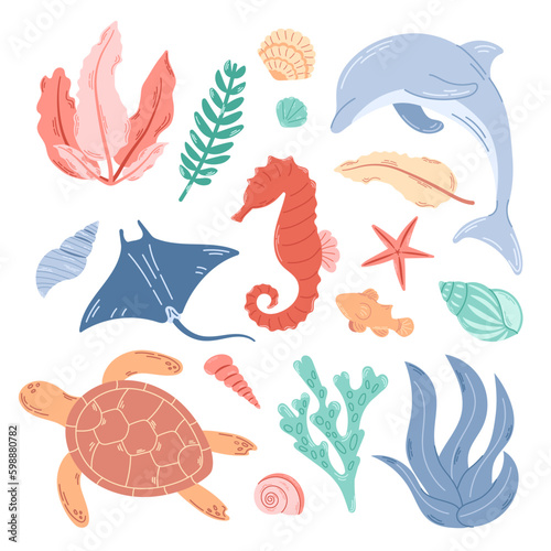Square background with a group of underwater inhabitants and plants. Modern flat illustration of sea turtle, stingray, dolphin, seahorse and various seashells.