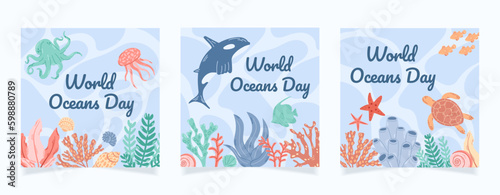 Hand drawn world oceans day instagram posts collection. Sea inhabitants, shells and corals on blue water abstract background with waves.
