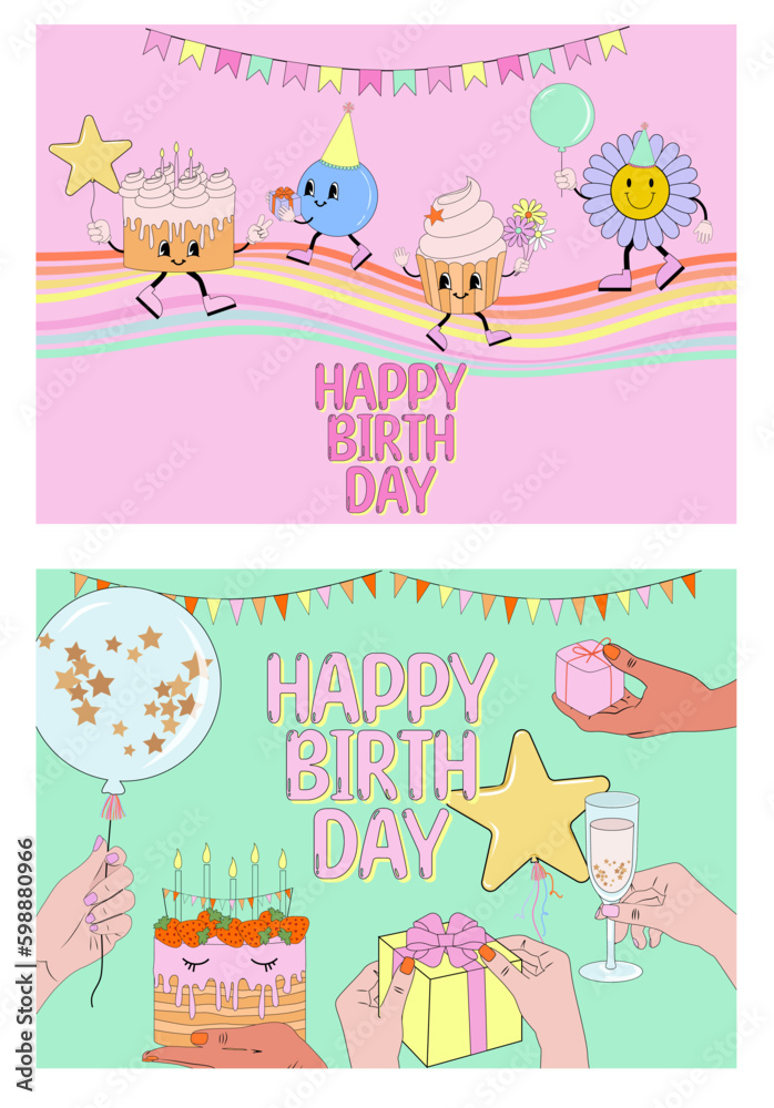 Fototapeta premium Happy Birthday cards set with retro nostalgia elements 70s, 80s, 90s style. Editable vector illustration.