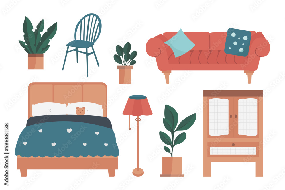 Obraz premium Home appliances, set of cozy furniture isolated on white. Vector illustration of house appliance for bedroom and living room.
