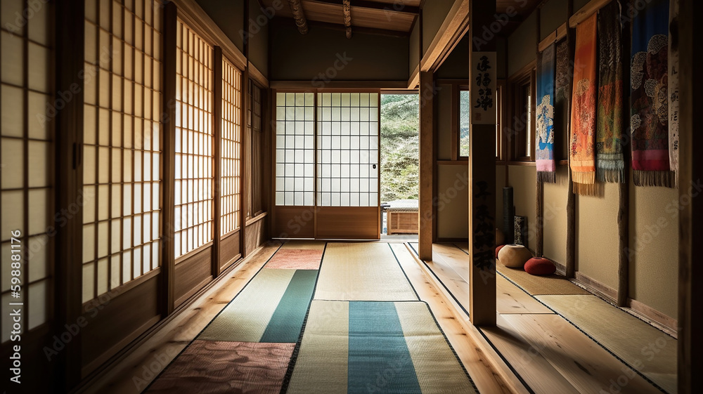 corridor of tatami mats and paper sliding doors called Shoji in Japanese. Generative Ai corridor of tatami mats and paper sliding doors called Shoji in Japanese. Generative Ai