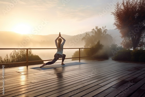 Young woman practicing yoga on the terrace at sunrise. Yoga concept. Generative AI.