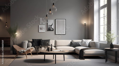 Stylish scandinavian living room with design furniture, plants, beatifull lighting. wooden desk. Abstract painting on the white wall. Modern decor of bright room, Generative AI