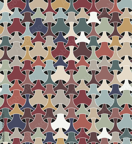 Seamless repeating pattern. Traditional japanese Bishamon armor motif with multicolor triangle shape figures. Graphic textile texture. Lattice interlaced geometric elements. Vector illustration.