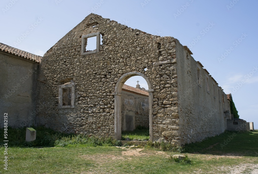 Sesimbra, Portugal - April 4, 2023: The Santuario de Nossa Senhora do Cabo Espichel, inserted in the Arrabida Natural Park, is located in the parish of Castelo, district of Setubal. Selective focus