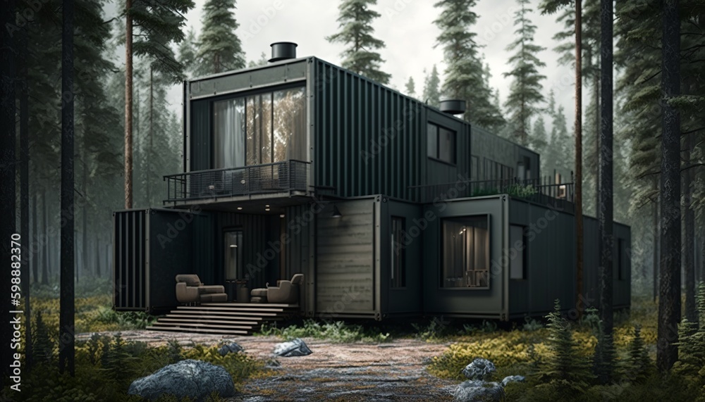 Luxury two-storey container house with big window and a beautiful scenery to the forest. Generative AI