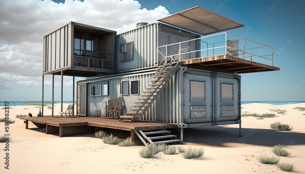 Luxury two-storey container house with big window and a beautiful scenery to the landscape. Generative AI Luxury two-storey container house with big window and a beautiful scenery to the landscape. Generative AI