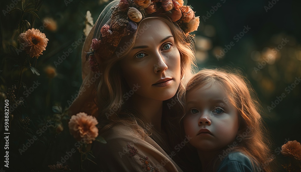 Obraz premium Blonde hair mother and daughter wearing a flower crown in there head, womens day, mothers day, generative ai