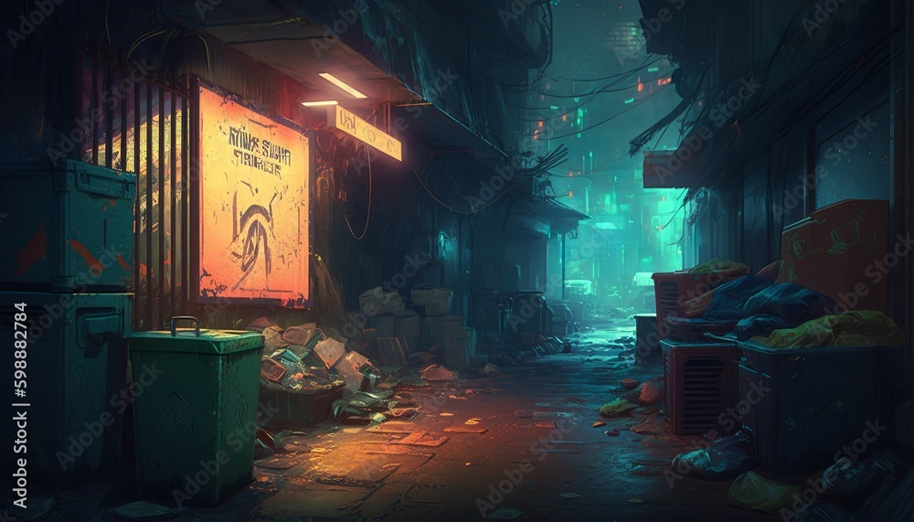 Dirty cyberpunk alley with a lot of garbage and billboards. Generative AI Dirty cyberpunk alley with a lot of garbage and billboards. Generative AI